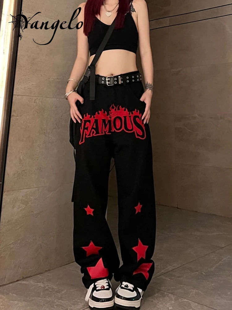 

Yangelo Street Hip Hop Pants Women Gothic Letter Five Pointed Star Print Y2K High Waist Loose Straight Casual Pants