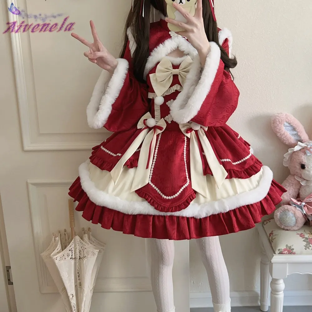 Red Kawaii Christmas Dress Japanese Kawaii Lolita Dress Sets Women Hooded  Shawl Short Jackets Bow Mini