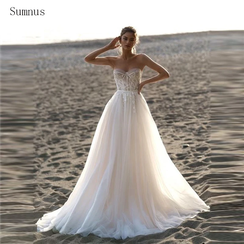 

Sumnus Boho Strapless Wedding Dress Tulle Lace Appliques Pleat Long A Line Vestidos De Novia Robe De Mariée 2023 Free Shipping