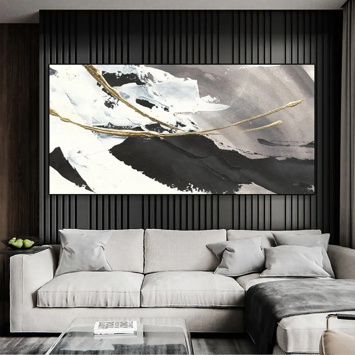 Large Abstract Oil Painting on Canvas Textured Wall Art Gold Foil Black White Acrylic Painting Modern Living Room Home Decor