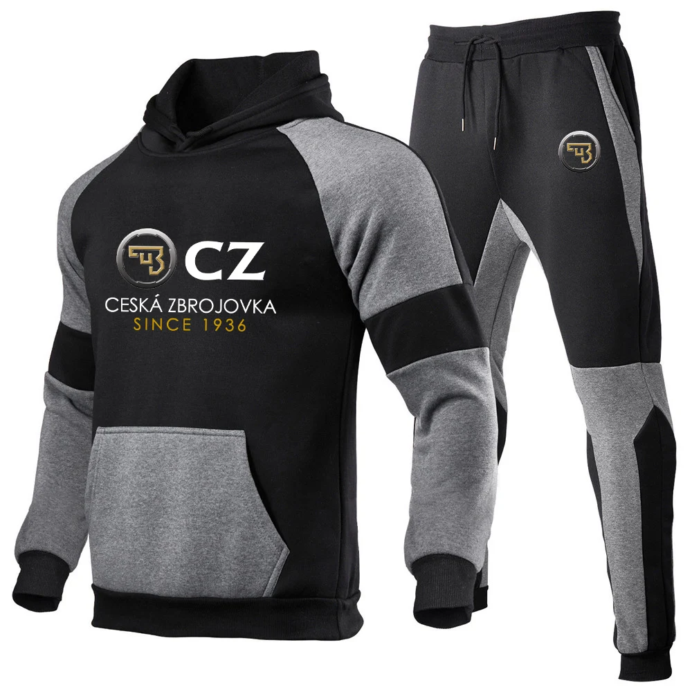 2023 Spring Autumn Men's CZ Ceska Zbrojovka Czech Firearms Logo Printed Patchwork Hooded Pullover+Drawstring Sports Trousers Set