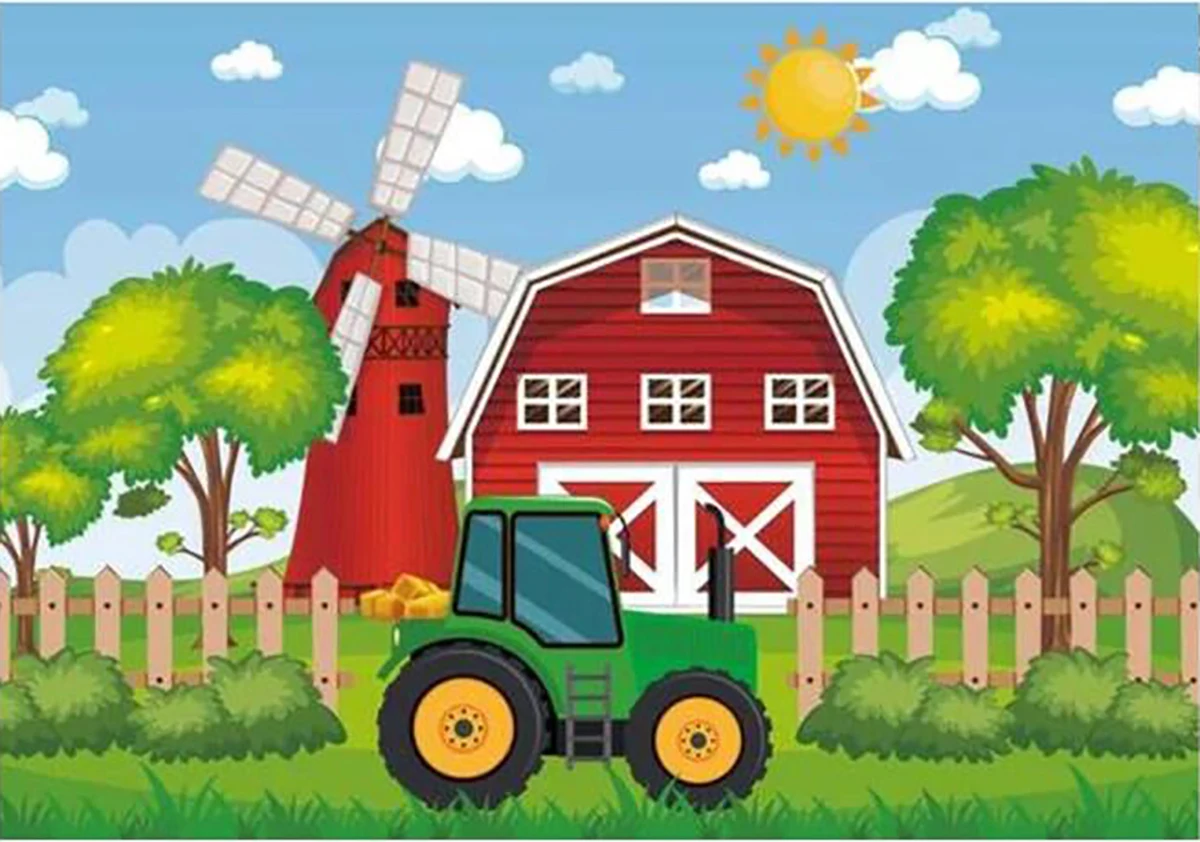 Green Tractor Red Barn Door Tree Sun Farm Girandola Baby Shower Fondali Di Compleanno Party Photo Studio Background