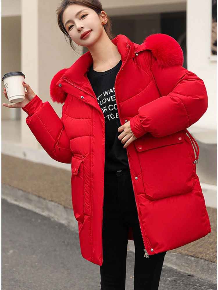 Winter Coat Women Fur Collar Hooded Mid-length Parka Large Pockets Windproof Puffer Jacket Thick Warm Zipper Korean Overcoat
