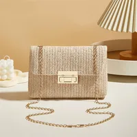 Woven Straw Handwoven Women’s Shoulder Bag, Fashion Solid Color Crossbody Purse with Lock Closure
