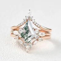 Creative Green Moss Stone Women's Ring Natural Agate Three-piece Engagement Rings for Women Jewelry Wedding Ring 1