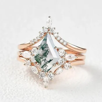 Creative Green Moss Stone Women's Ring Natural Agate Three-piece Engagement Rings for Women Jewelry Wedding Ring 1