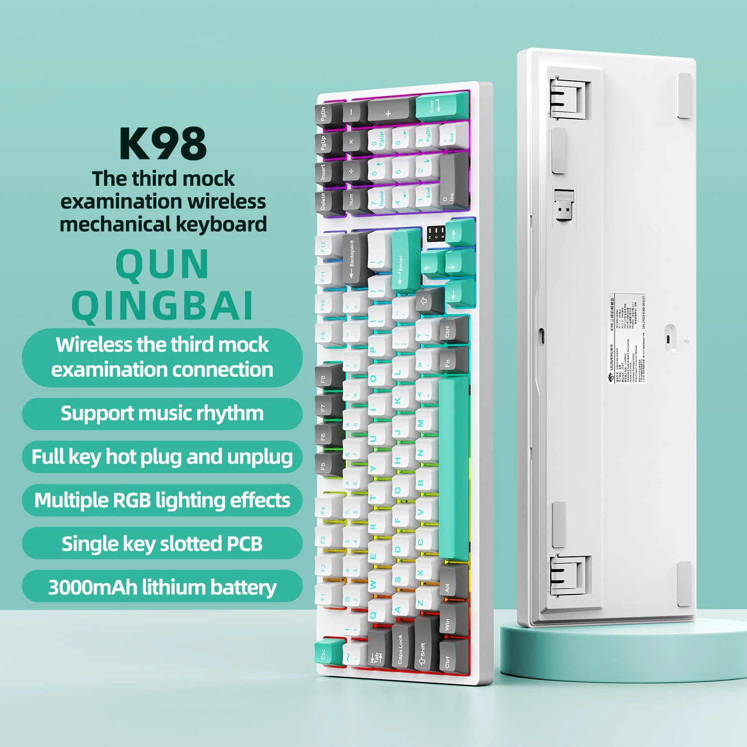 Wireless Mechanical Gaming Keyboard 98 Keys Hot-Swappable, RGB Backlit Tri-Mode with PBT Keycaps for Windows/Mac