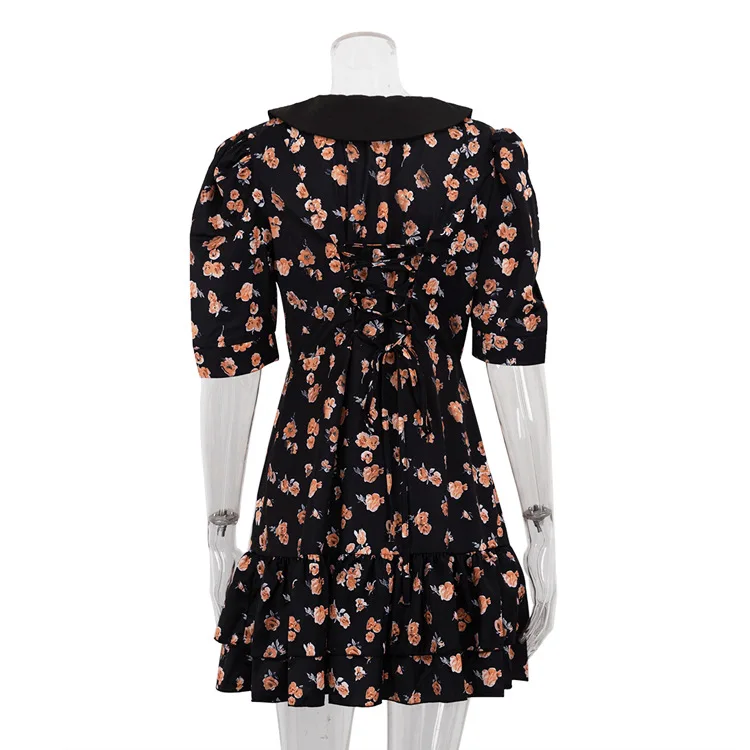 Printed Ruffled V-Neck Mini Dress Female Short Sleeve Fashion Slim High Waist Elegant Party Dress Women's Summer Dress New