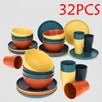 32-Piece Wheat Straw Dinnerware Set | Service for 8 | BPA-Free, Unbreakable, Microwave & Dishwasher Safe | Colorful Plates, Bowl 1