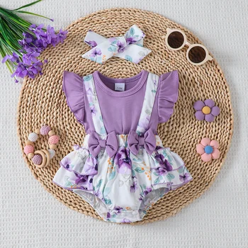 Baby girl 2-Piece Purple printed Bow Jumpsuit+Headband 0-18 Months Baby girl Summer Fashion Jumpsuit Baby crawling suit 1