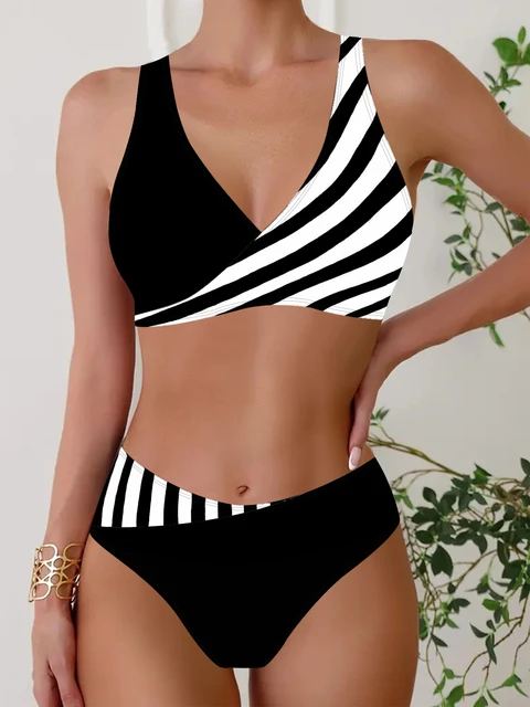 Sexy Women's Fashion Casual Classic Black and White Printed Women's Vacation Two-piece Bikini Set S-5XL 1