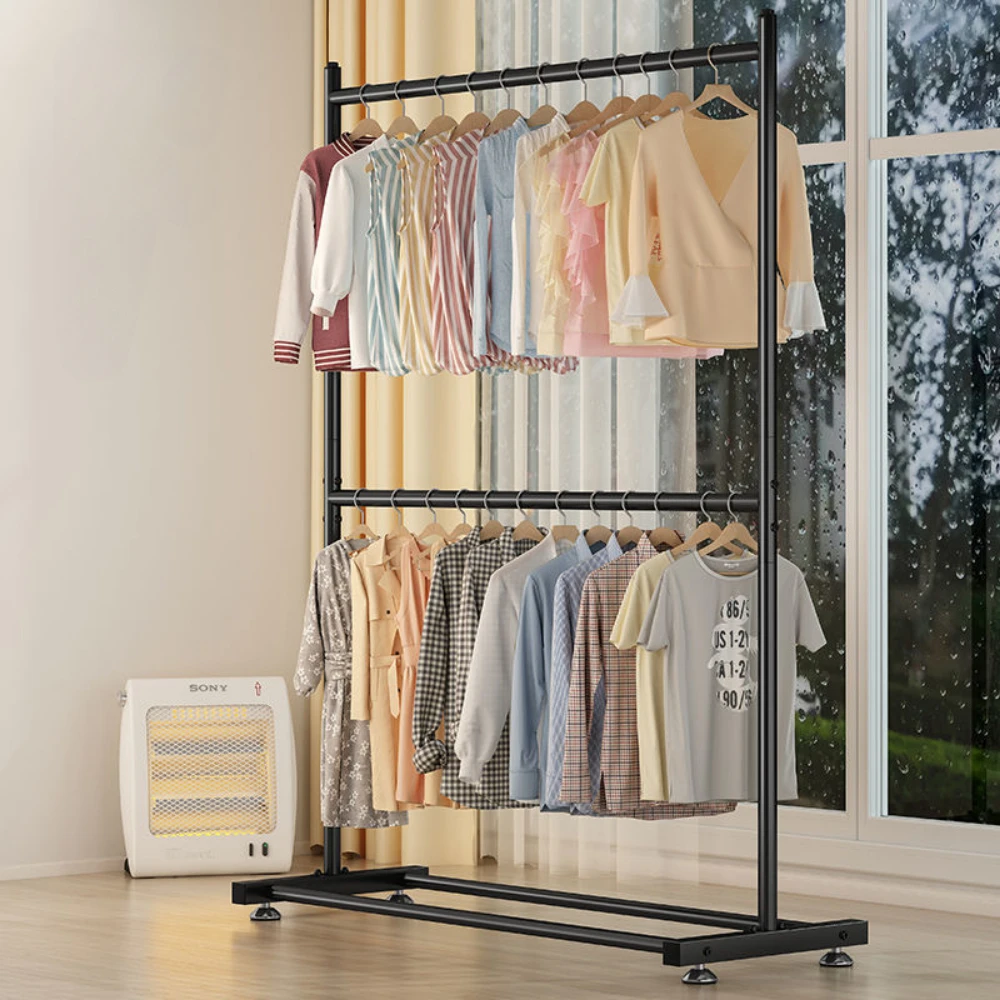Clothes Rack Simple Living Room Wardrobe With Wheels Floor Hanger Double Layers Movable Household Furniture Rolling Coat Hanger