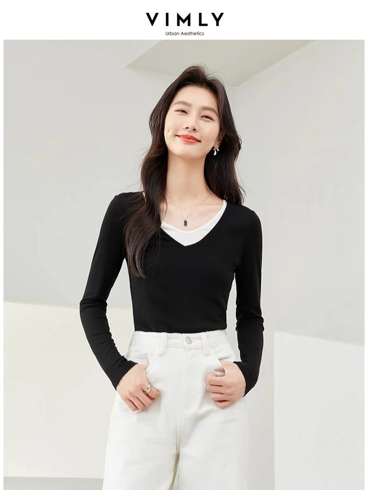 

Vimly Fake 2 Piece Black T-shirt 2024 Spring High Strecth Slim Pullovers V-neck Casual Spliced Women's Long Sleeve Tops M6099