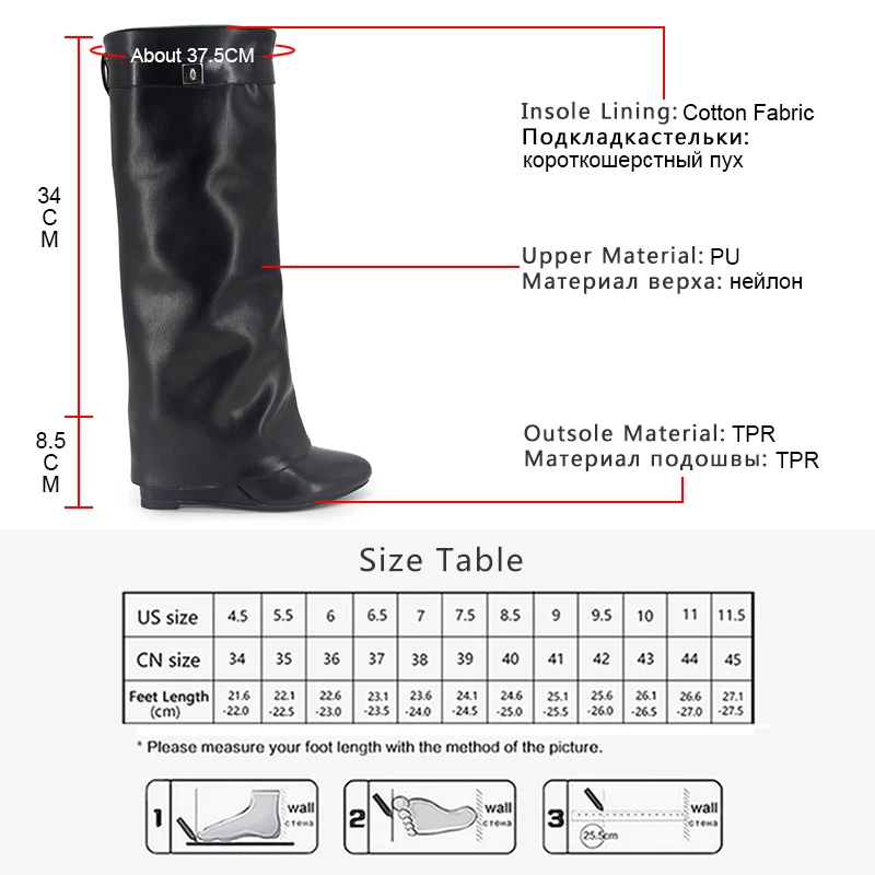 GOGD Women Shark Lock Fold Boots Wedges High Heels Boots New 2023 Zipper Knee-length Boots Round-Toe Designer Luxury Long Boots
