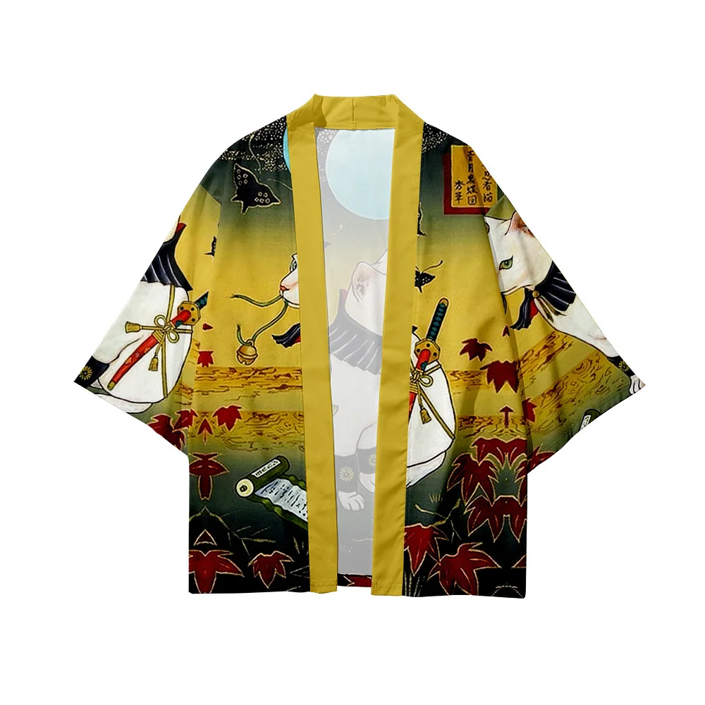 Streetwear Cardigan Demon Samurai Cat Print Shirt Japanese Kimono Haori Yukata