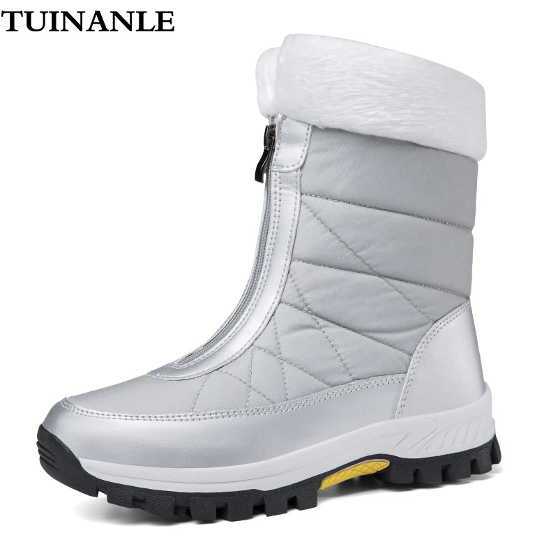 TUINANLE Ankle Boots Women Winter Waterproof Shoes Keep Warm Non-slip Black Snow Boots Ladies Lace-up Plus Size 42 White
