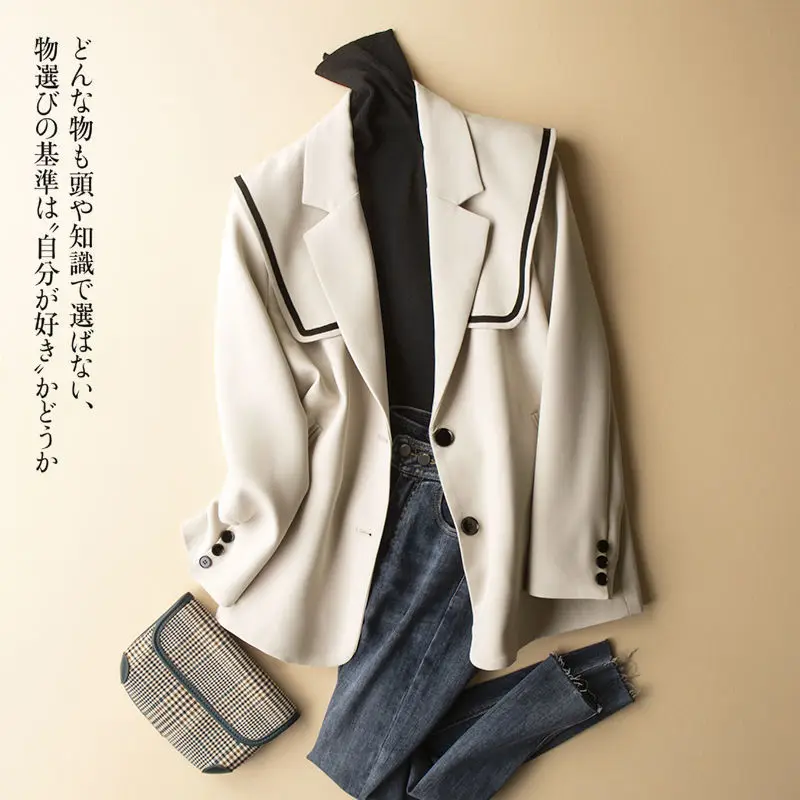 

2023 Spring and Autumn New Suit Collar Detachable Navy Collar Single breasted Spring and Autumn Mid length Suit Coat for Women