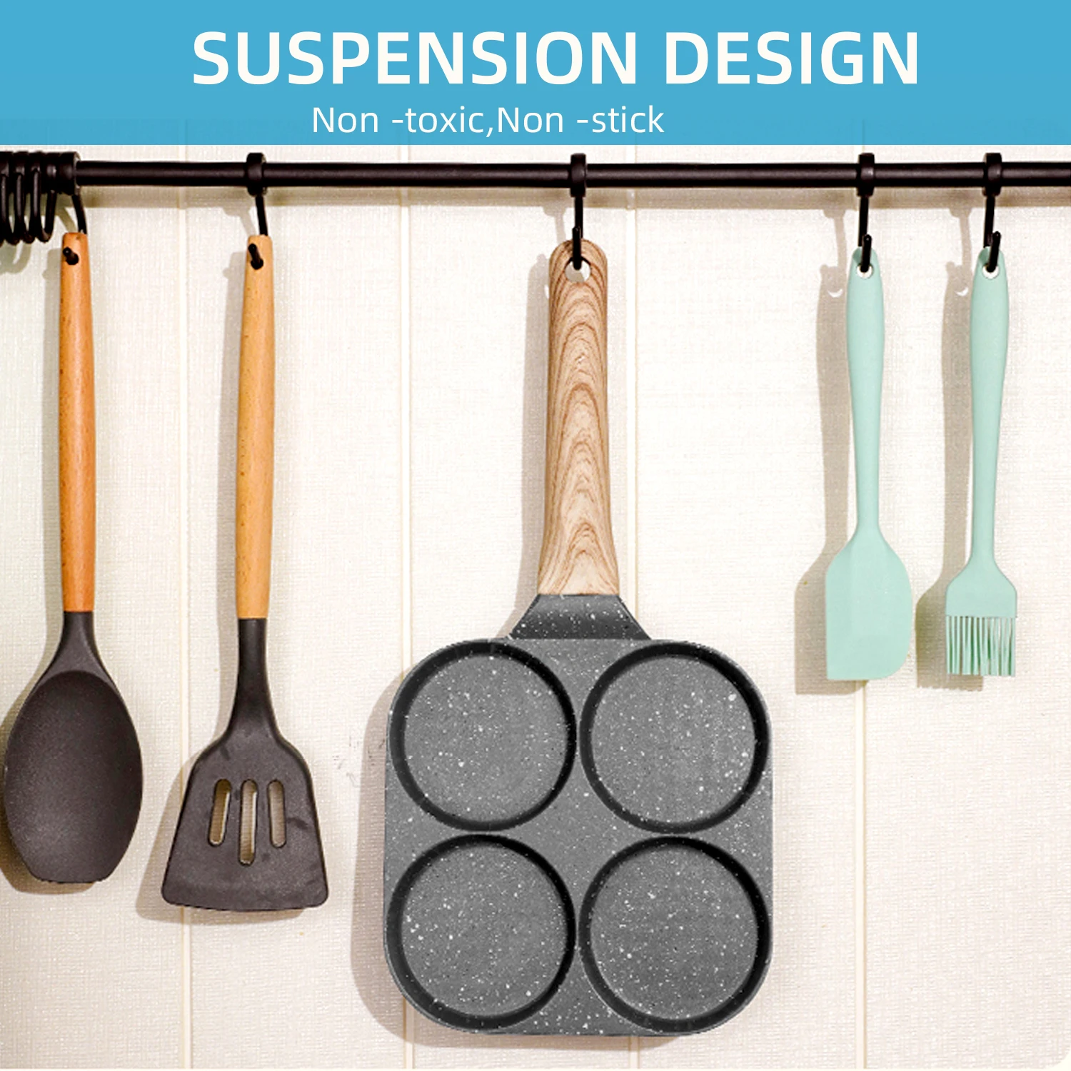 4 Holes Frying Pot Pan Black Thickened Kitchen Omelet Non-Stick Egg Poacher Pancake Crepe Steak Cooking Ham Breakfast Maker