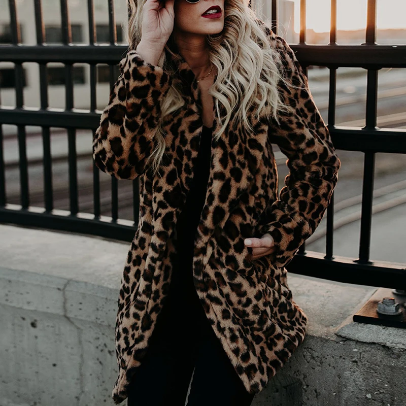 Winter Thick Warm Fashion Long Sleeve Outerwear Artificial Fur Jacket Plush Clothing Luxury Leopard Print Faux Fur Coat Women