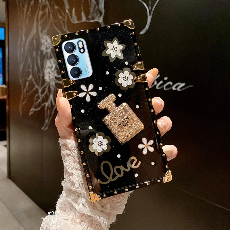 Custodia per bottiglia di profumo di diamante di lusso per Oppo Reno 2Z 3 5 6 Pro Find X2 X3 Neo Lite Cover protettiva per telefono morbida quadrata_voghion.com