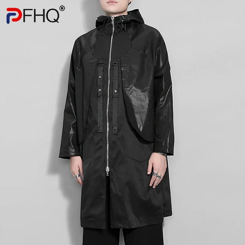 

PFHQ Men's Autumn Hooded Ribbon Splice Windbreakers Loose Mid Length Functional Safari Style Darkwear Zippers Tide Coat 21Z3278