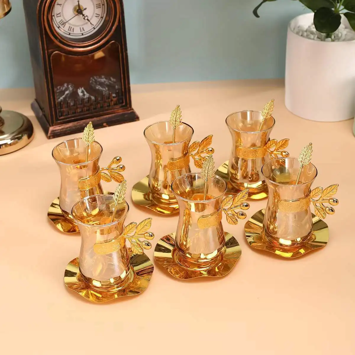 Middle Eastern Style Golden Black Tea Cup Saucer Teaspoon Sets Coffee House Teacup Scented Tea Mug Espresso Shot Glass coffee cup saucer set teapot cup set