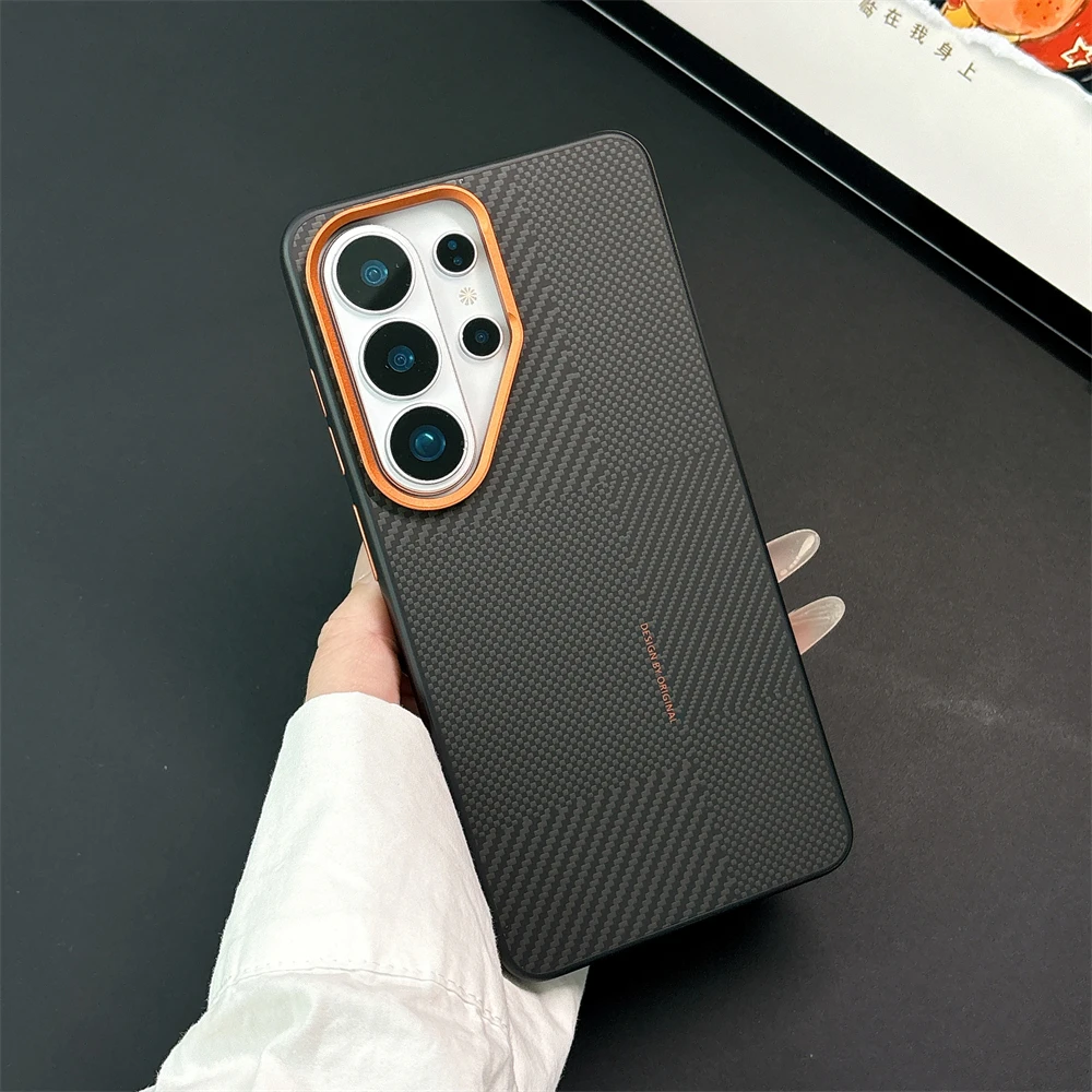 Enhanced Metal Lens Bumper Carbon Fiber Texture Magnetic Shockproof Case - Black