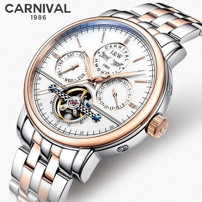 

CARNIVAL Fashion Casual Tourbillon Automatic Mechanical Watch For Men Watch Stainless Steel Waterproof Clock Relogio Masculino