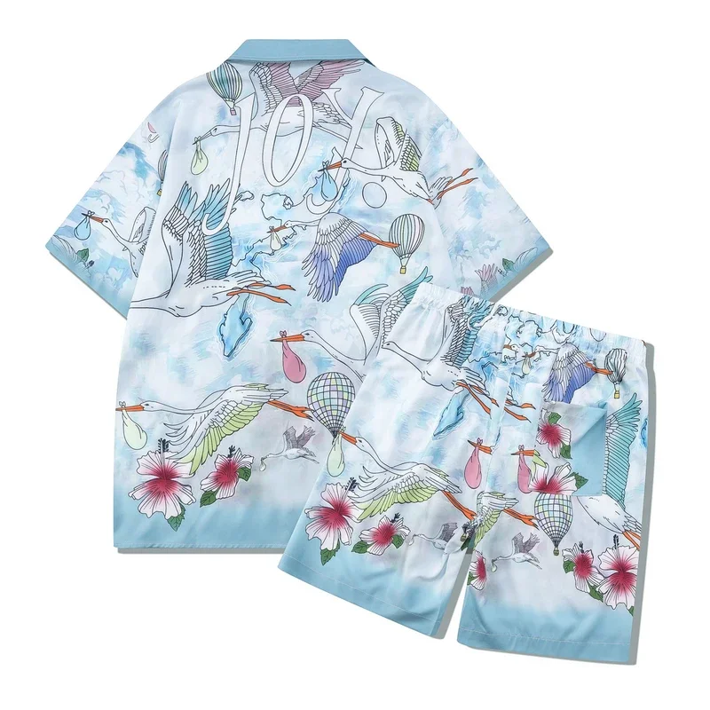 

Casablanca Short Shirt Set Cloud Crane Balloon Flower Fairyland Pattern Suit 2024 Men Women Hawaii Beach Tennis Club Surf Shirt