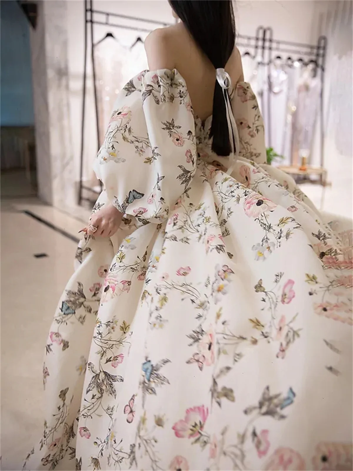 Vestido largo de manga larga con cuello en V para fiesta de graduación o de noche, vestido de gasa con abertura y estampado Floral, estilo rústico, 2023