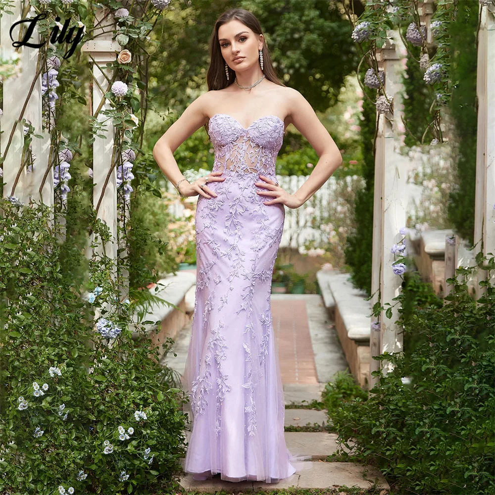 

Lily Sweetheart Neck Mermaid Sexy Long Purple Prom Dress With Appliques Elegant Evening Dress with Lace Up Back vestido novia