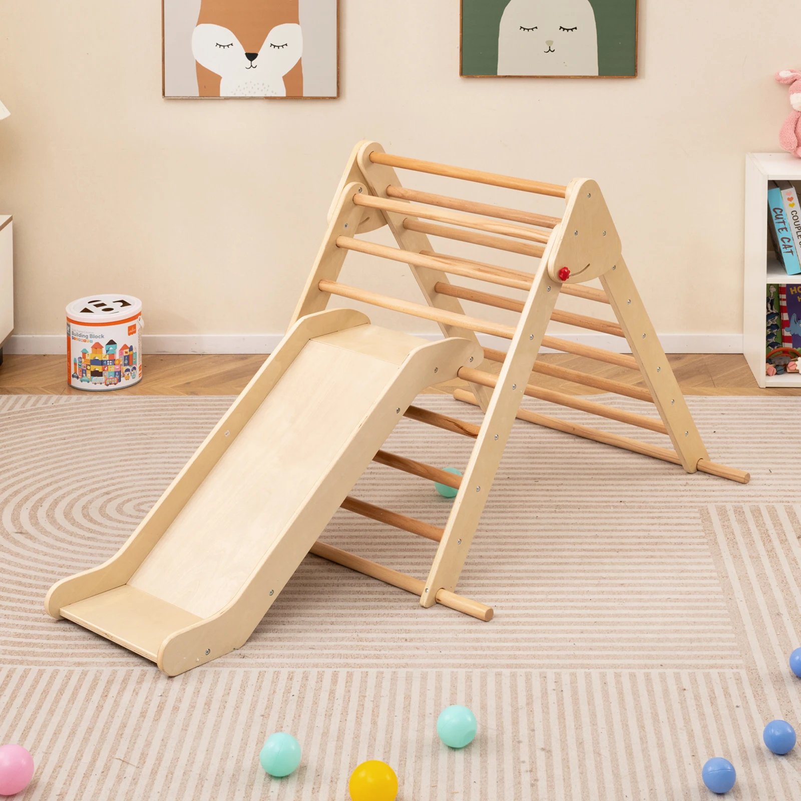 DORTALA Kids Climbing Triangle Set Foldable Wooden Climbing Triangle Ladder with Ramp Colorful/Natural