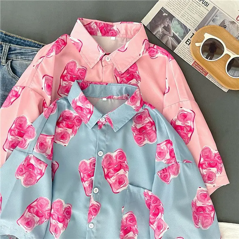 Short Sleeved Pink Blue Flower Shirt American Retro National Fashion Hawaiian Men's and Women's Port Fashion Top 2023 New