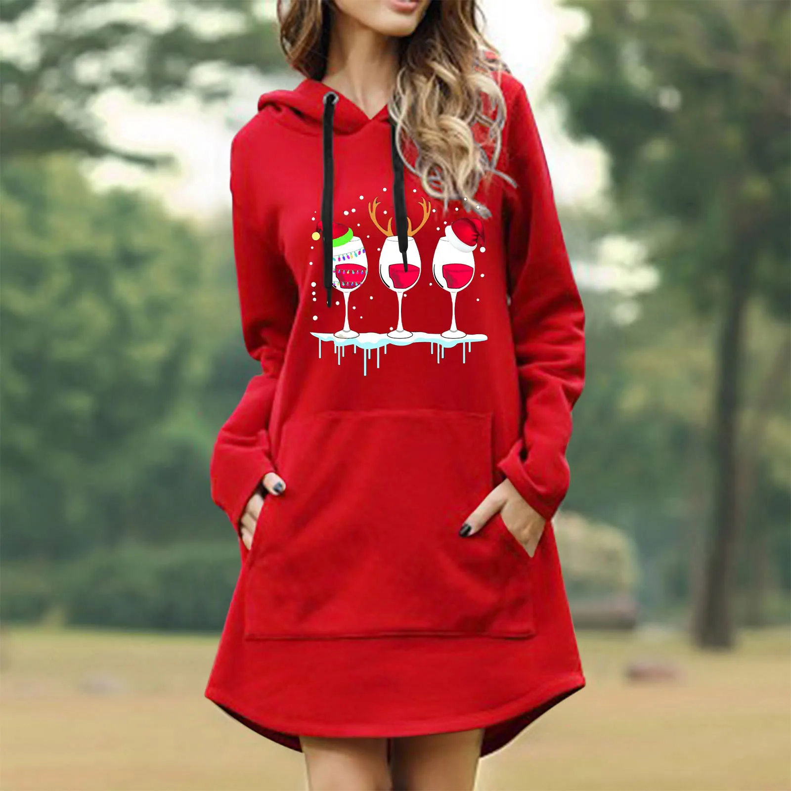 

Women Christmas Print Hoodies Dress Autumn Winter Solid Big Pocket Sweatshirt Hoody Casual Long Tops Fashion Oversized Pullover