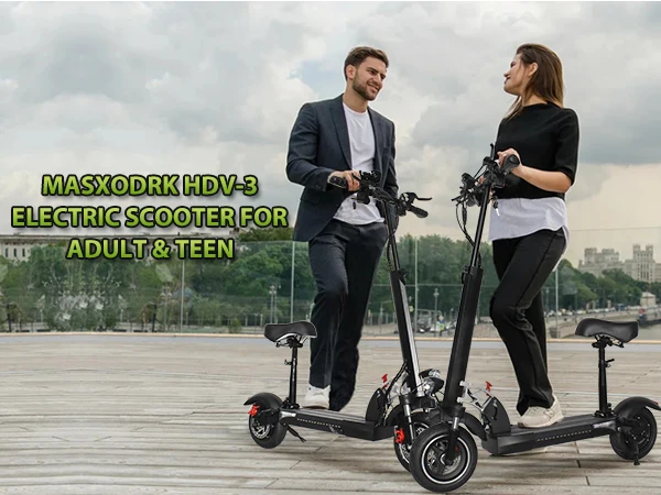 Two adults riding a foldable electric scooter that speeds up to 50km/h.