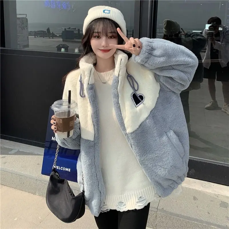 Women Autumn Winter Warm Heart Lamb Jackets 2023 New Korean Lady Sweet Patchwork Zipper Coats Imitation Fur Outerwear Pink Tops