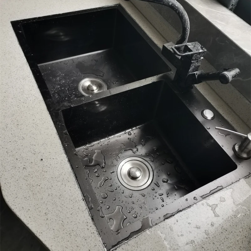 Double Luxury Wash Basin Trough Sink 304 Stainless Steel Kitchen Sinks Black Nano Wash Basin Under Platform Kitchen Accessories
