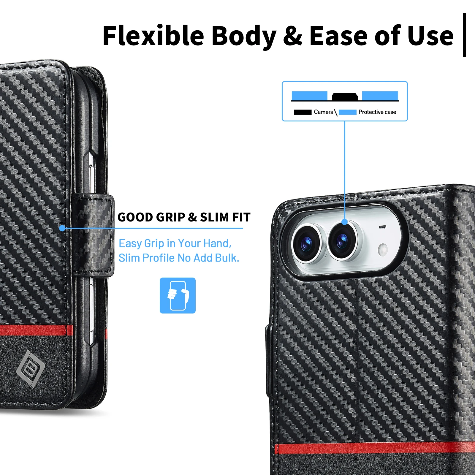 Carbon Fiber Leather Business Flip Wallet Phone Case with Card Slots - Shockproof Protective Cover