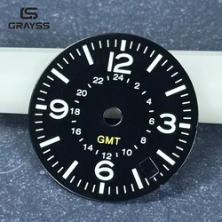 Elegant Pilot Watch Dial Face with Roman Numerals and Green Lume - GMT Feature & 4.8 O'Clock Crown (33.5mm dial)