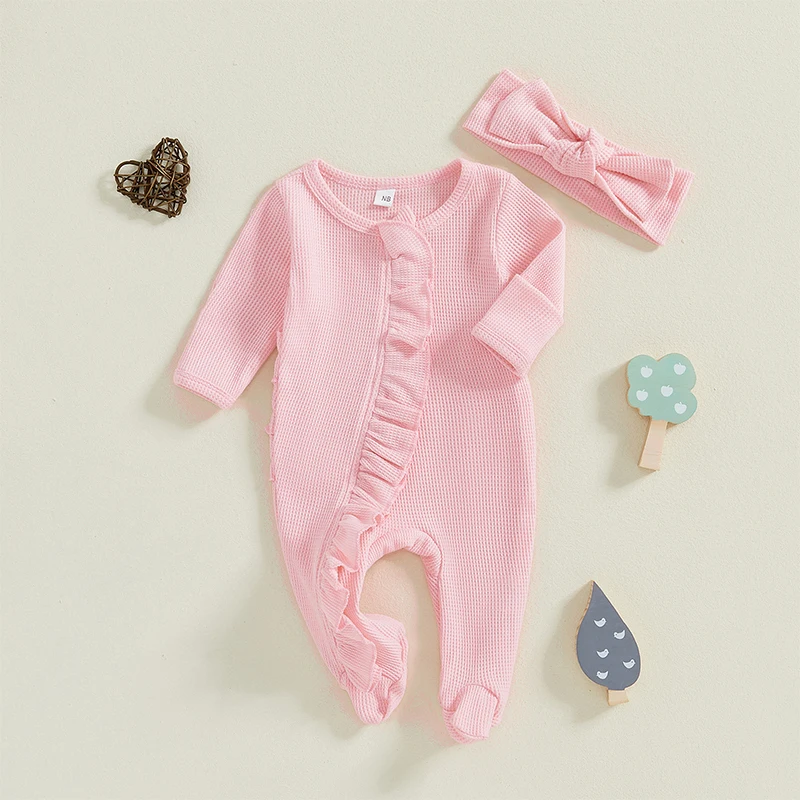 Pudcoco Newborn Baby Girl Fall Outfit Ruffle Trim Long Sleeve Full Length Zipper Footed Romper Bow Headband baby clothes