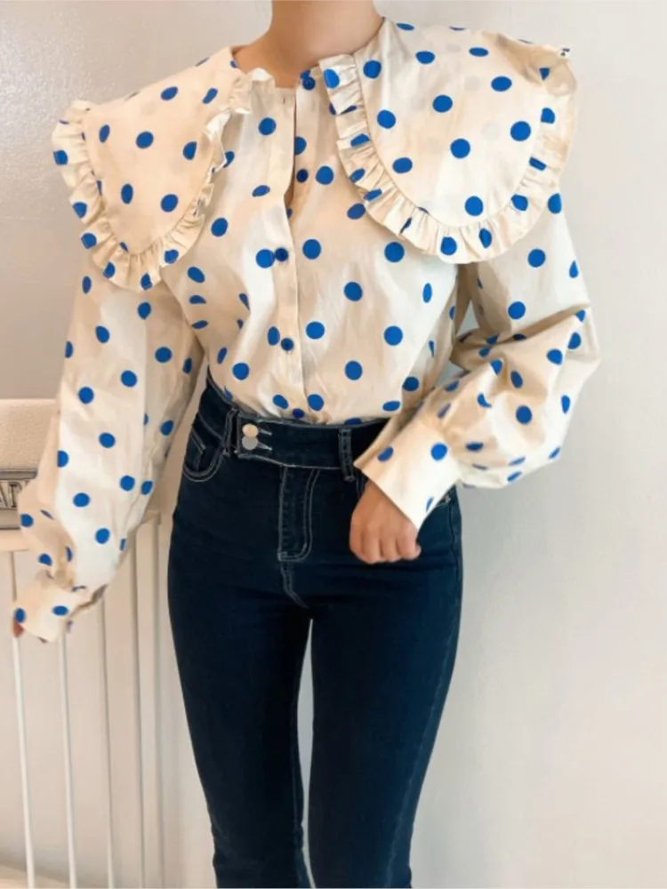 Chic Polka Dot Turn Down Collar Women Blouse Franch Woman Tops Sweet Single Breasted Lanren Sleeve Loose Fashion Shirts 2024 New