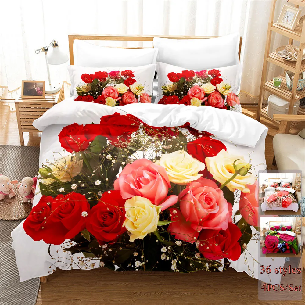 

Red Rose Bedding Set Full Size 4PCS Pink Flower Duvet Cover 200x230 for Double Bed 3D Bedsheet 230x230 Pillowcase Thin Fabric