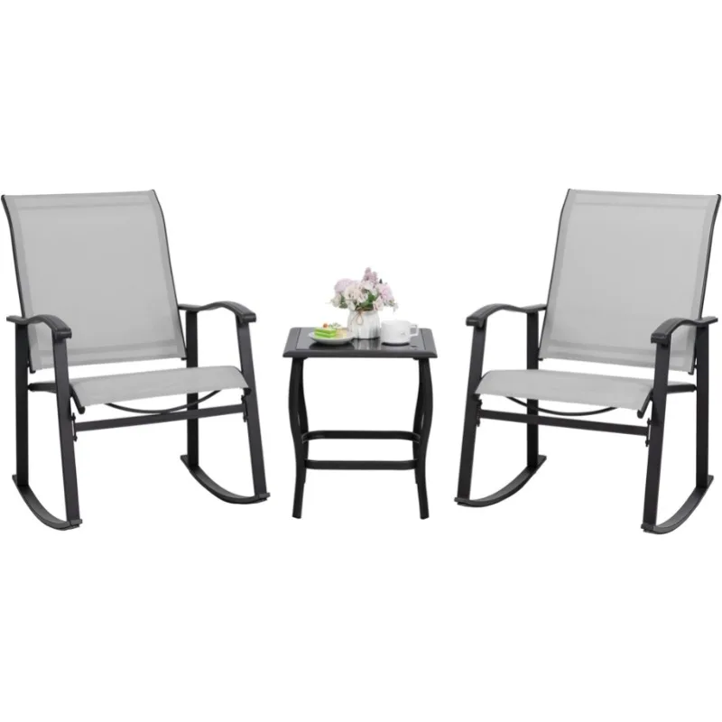 3 Piece Rocking Bistro Set, Outdoor Furniture with Rocker Chairs and Glass Coffee Table Set of 3, Balcony, Porch Furniture