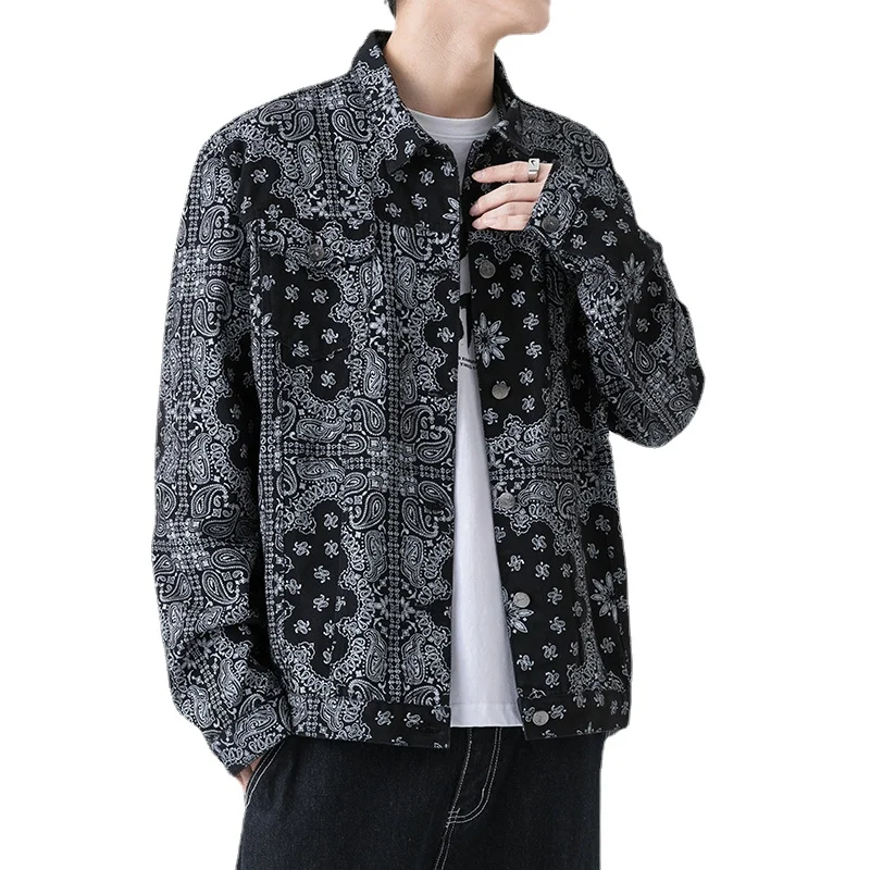 

Spring and Autumn New Colors Printed Denim Coats Men's Korean Version Loose Men Jeans Jacket
