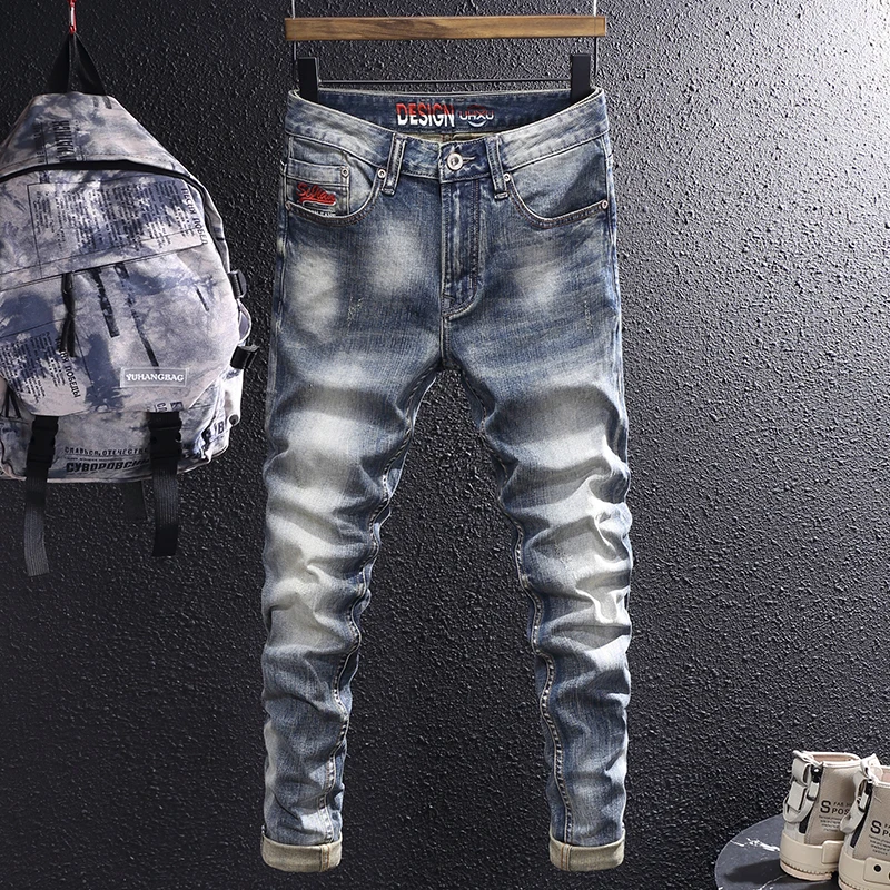 Fashion designer men's retro washed light blue jeans with high-quality elastic slim fit slit jeans, men's retro casual denim pan