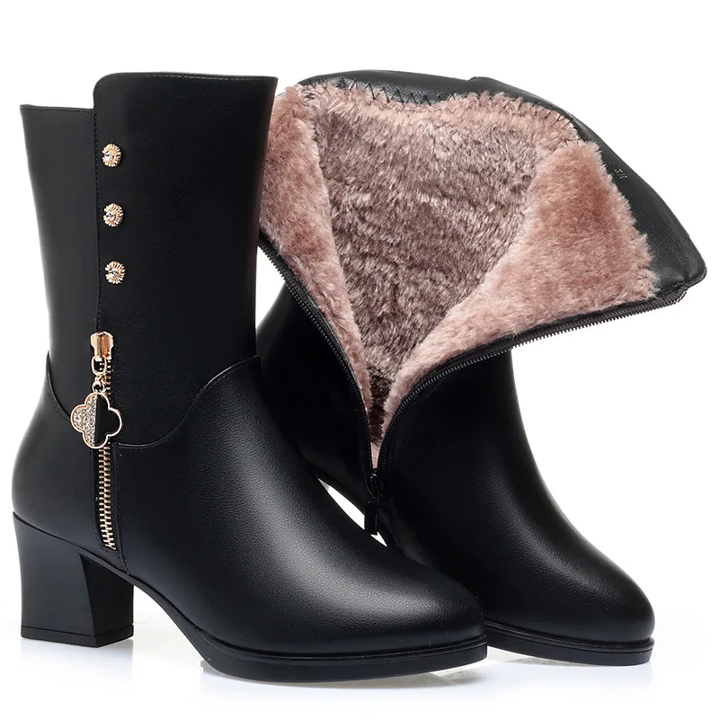 High Boot For Women Black Brown Genuine Leather High Heel Women's Shoes Mid-calf Boots Non Slip Thick Plush Female Winter Boots