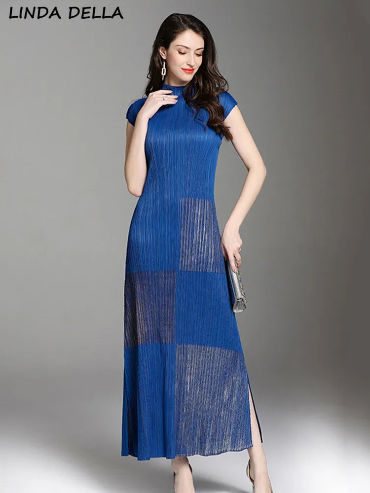 

Женское плиссированное платье LINDA DELLA, синее винтажное Свободное платье с воротником-стойкой и квадратным принтом, длинное платье с разрезом, лето 2019