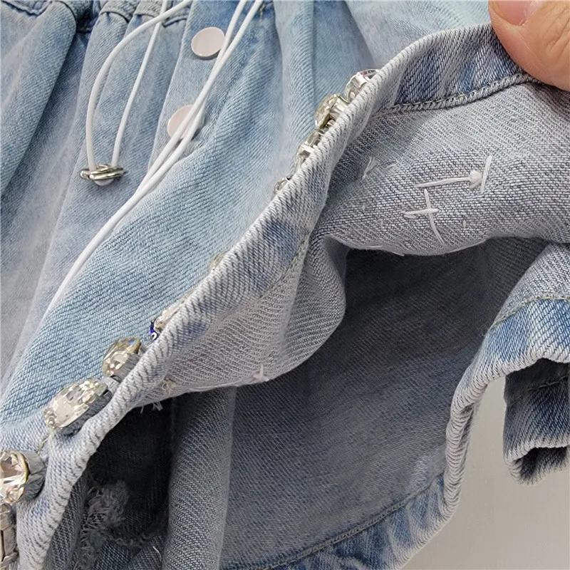 Booty Shorts Female 2024 Summer New Heavy-Duty Color Diamond High Waist Loose and Slimming Denim Wide Leg Shorts for Women
