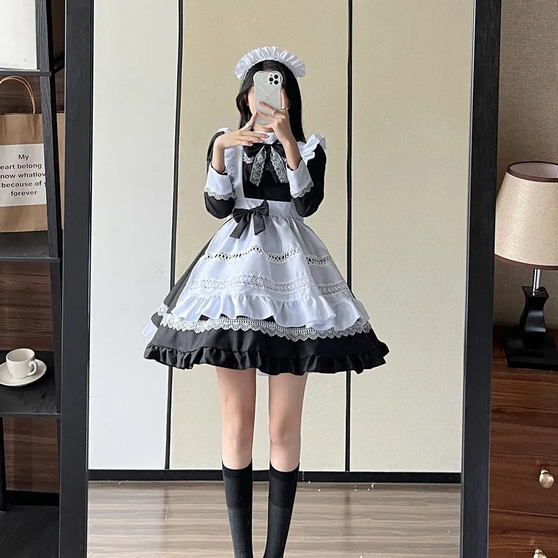 Plus Size Lolita Dress Anime Cosplay School Girl Maid Uniform Goth Lolita Black White Medieval Dress Long Sleeve Apron Outfits lolita dress lolita suspender dress lolita cosplay costumes suspender dress lolita skirt lolita blouses
