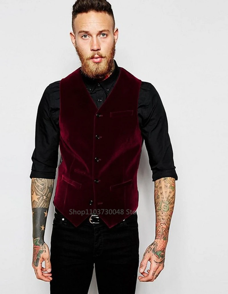 XS-6XL Dress Vests for Men Slim Fits Mens Suit Vest Male Burgundy Velvet Waistcoat Homme Casual Sleeveless Formal Business Vest dress vests